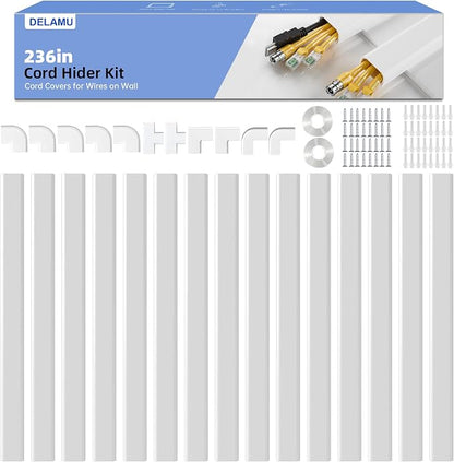 Delamu Large 236in Cord Hider for 3-4 Cords, Cord Covers for Wires on Wall, Easier Install Wire Covers for Cords on Wall, Cable Wire Hider, Cable Cover Management Raceway, W1.18 H0.63in, White