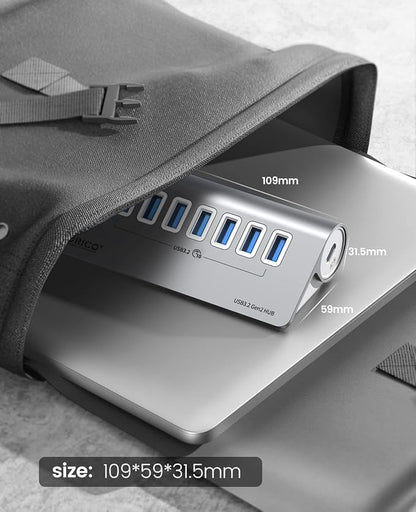 ORICO 7-Port USB 3.2 Gen2 Hub, Desktop USB 3.2 Hub with 7 USB-A Ports, 5V 3A Power Supply Port, 10Gbps Aluminium USB-Splitter with 1.64Ft USB-C to USB-A/C Cable for iMac, MacBooks, Mac mini