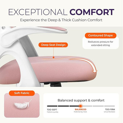 NEO CHAIR Office Desk Gaming Ergonomic Computer Chair with Lumbar Back Support Adjustable Height Swivel Rolling Wheels Flip-up Arms Mesh Chair for Home Vanity (Pink)