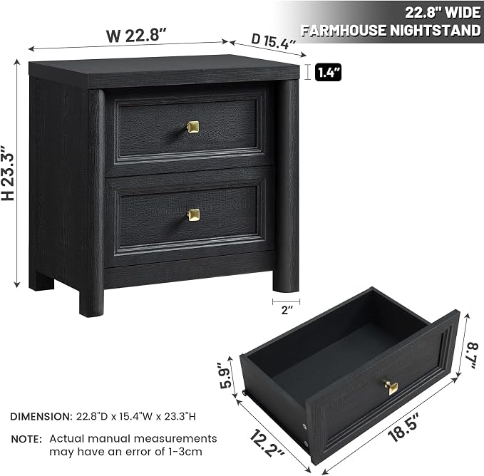 Standifurno Black Night Stand for Bedroom, Rustic Nightstand with 2 Drawers, Black and Gold Nightstand with Metal Knobs Farmhouse Wood Bedside Table End Table Living Room Sofa Side Table 22.8” Wide