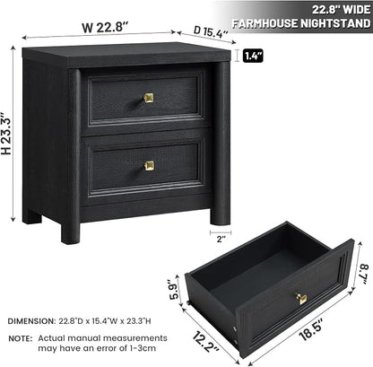 Black Nightstand Set of 2, Farmhouse Night Stand Set 2, Black and Gold Nightstand with 2 Drawers, Wood Bed Side Table for Bedroom, 23.3” Tall Nightstand with Gold Knob, Wooden End Table Sofa Couch