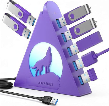 Deep Purple 7-Port USB 3.0 Hub, RGB Vertical Gaming USB Hub Tower with 5Gbps Data Transfer, 2FT Cable - USB Hub Splitter for PC, MacBook, Laptop, PS5, Flash Drives