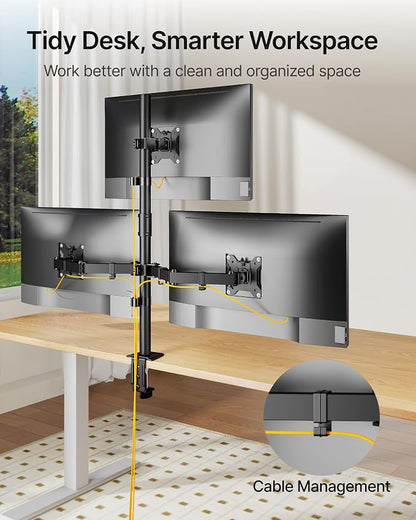 monTEK Triple Monitor Stand Mount, Fully Adjustable Desk Mount for 3 Screen up to 17”-32” and 22lbs Capacity Each Arm, Stable Monitor Arm with C Clamp and Grommet Base, VESA 75x75mm/100x100mm