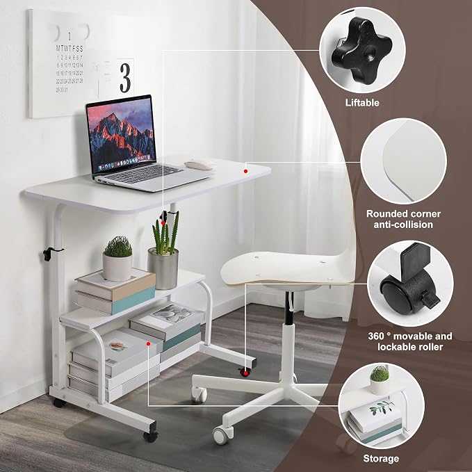 Laptop Desk Removable and Adjustable Height Table for Bedroom Bedside, Office Desk Home Writing Desk, Small Standing Desks with Storage TV Tray Table, Size 31.5 Inch White