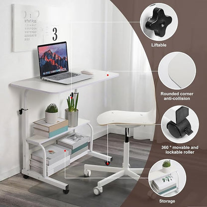 Laptop Desk Removable and Adjustable Height Table for Bedroom Bedside, Office Desk Home Writing Desk, Small Standing Desks with Storage TV Tray Table, Size 31.5 Inch White
