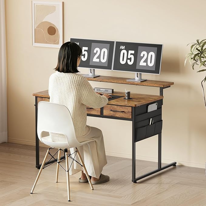 Maihail Small Desk with Drawers, 39.4X15.8-22.9 Inches Office Computer Desk with Side Pocket & Ergonomic Monitor Stand, Writing Table for Small Spaces, Bedroom, Rustic Brown