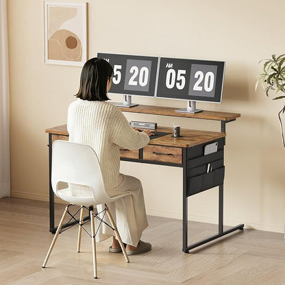 Maihail Small Desk with Drawers, 39.4X15.8-22.9 Inches Office Computer Desk with Side Pocket & Ergonomic Monitor Stand, Writing Table for Small Spaces, Bedroom, Rustic Brown