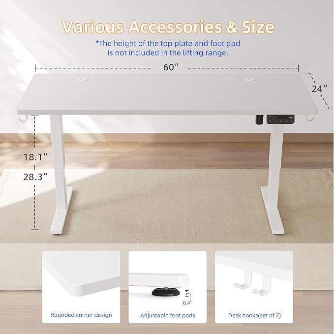 YIHAYO Low Height Adjustable Desk, Lifts 18.1-28.3 Inches, Electric Standing Desk for Short People, 60 x 24 Inches Computer Table with Splice Board for Home Office, White