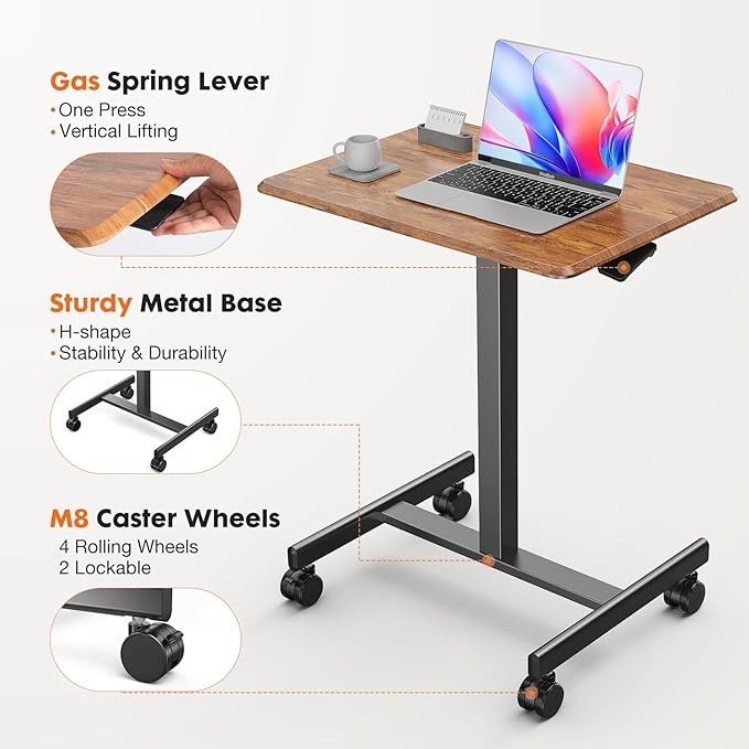 Sweetcrispy Mobile Rolling Desk with Lockable Wheels, Small Standing Laptop Desks, Sit Stand Adjustable Height Table Portable, Computer Workstations for Home Office, Brown