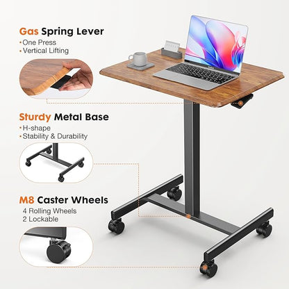 Sweetcrispy Mobile Rolling Desk with Lockable Wheels, Small Standing Laptop Desks, Sit Stand Adjustable Height Table Portable, Computer Workstations for Home Office, Brown
