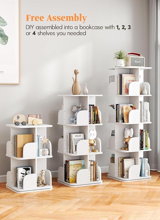 Turosur Rotating Bookshelf Tower, 4 Tier Spinning Square Bookshelf for Small Spaces, 360 Display Kids Bookshelves, Revolving Bookcase Floor Standing Storage Rack, White