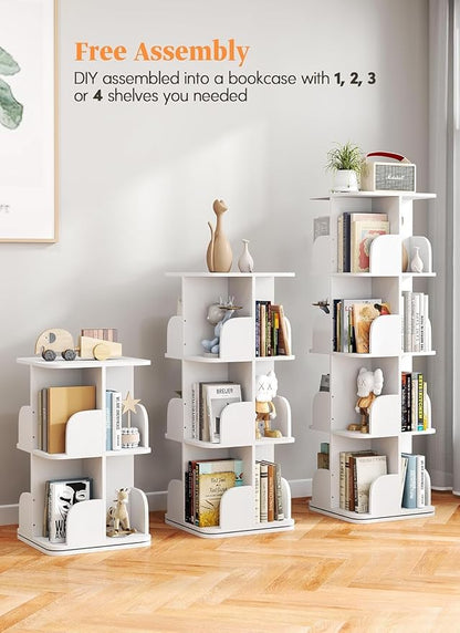Turosur Rotating Bookshelf Tower, 4 Tier Spinning Square Bookshelf for Small Spaces, 360 Display Kids Bookshelves, Revolving Bookcase Floor Standing Storage Rack, White
