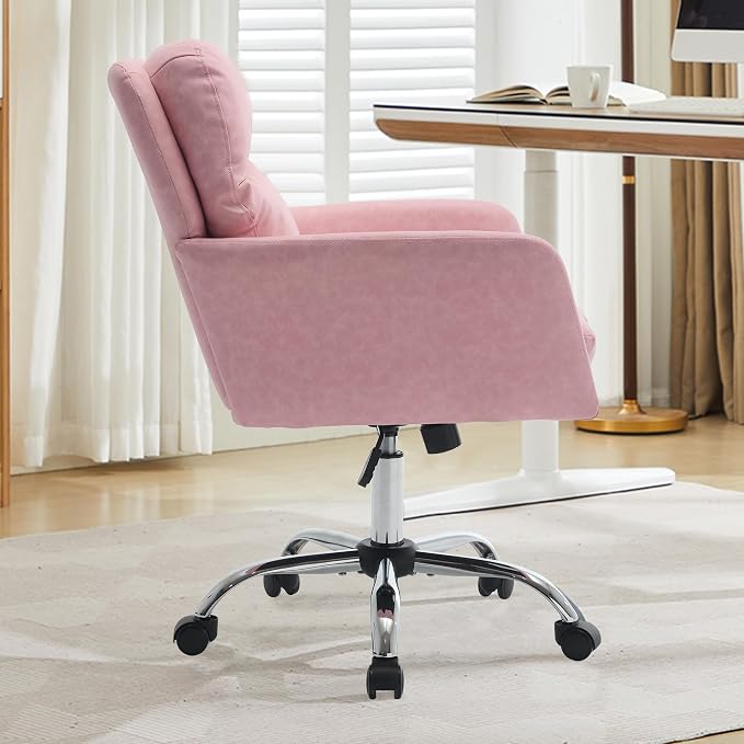 YITAI Adjustable Home Office Desk Chair with Comfy Square Mid-Back, Faux Leather 360 Swivel Upholstered Task Armchair with Wheels for Vanity Bedroom/Living Room,Pink