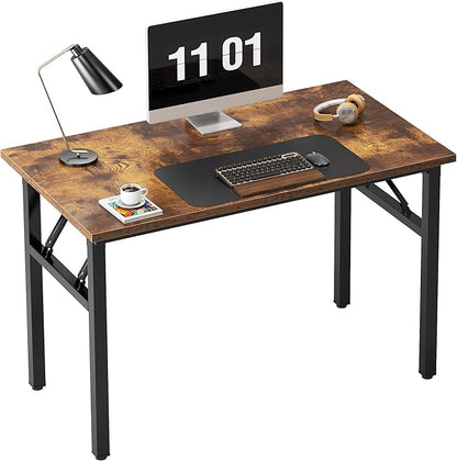 Need 39.4 Inch Folding Desk for Small Spaces, Home Office Computer Desk with Rustic Brown Tabletop & Black Metal Frame, Foldable Writing Table for Study, Bedroom, Dorm Room & Student