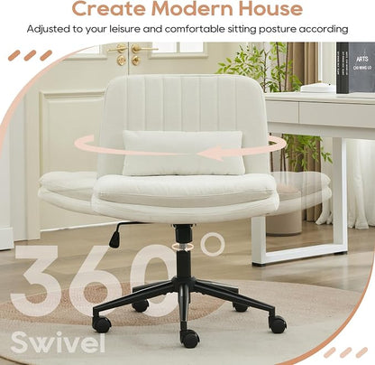 IPKIG Criss Cross Chair, Small Armless Desk Office Computer Chair with Wheels and Lumbar Pillow, Comfy Adjustable Swivel Task Vanity Chair Chenille, White