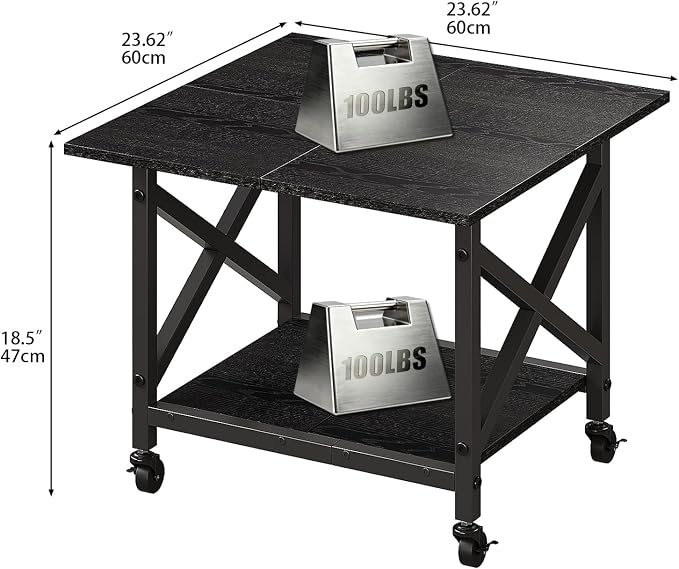 VENNQD 2 Tier Printer Stand, 23.6'' x 23.6'' Large Table with Storage Shelf, Rolling Printer Cart with Wheels, Laser Printer Table for Home Office Scanner Fax Machine, Black