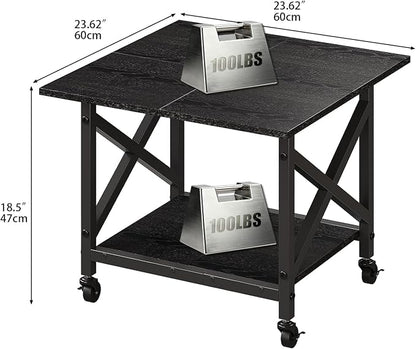 VENNQD 2 Tier Printer Stand, 23.6'' x 23.6'' Large Table with Storage Shelf, Rolling Printer Cart with Wheels, Laser Printer Table for Home Office Scanner Fax Machine, Black