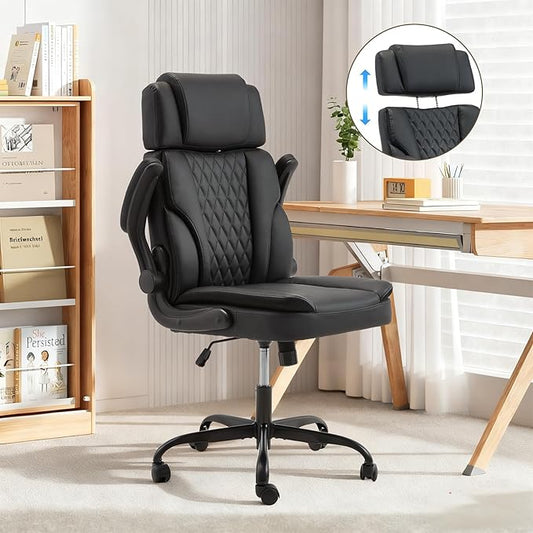 ECOTOUGE Executive Office Chair, Ergonomic Big and Tall Desk Chair with Adjustable Headrest,High PU Leather Comfy Heavy Duty Computer Chair with Padded Flip-up Arm, Black