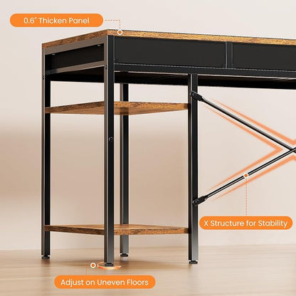 OLIXIS Computer desk with 6 Drawers, 55 inch Office workstation with Storage Shelves, Reversible Gaming setup, Corner table with Storage Drawers, Work for Home Office, Study, Living Room, Rustic Brown