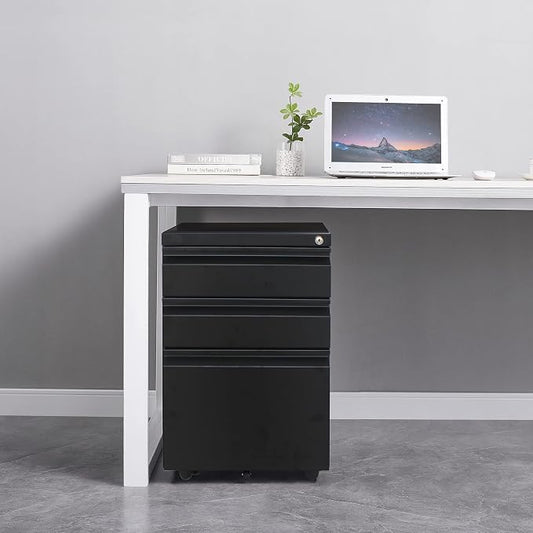 3 Drawer File Cabinet with Lock, Steel Mobile Filing Cabinet on Anti-tilt Wheels, Rolling Locking Office Cabinets Under Desk for Legal/Letter Size (Black)