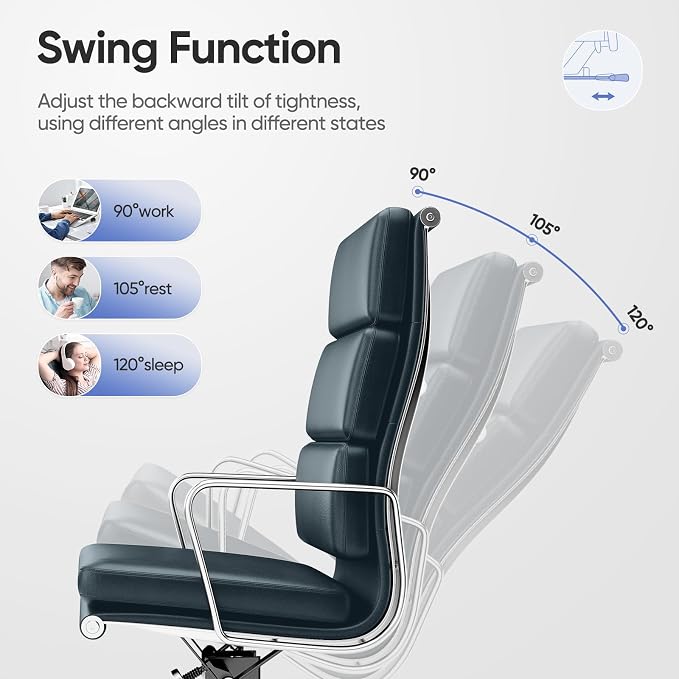 Genuine Leather Office Chair, Padded Executive Desk Chair with Arms, Wheels, Lumbar Support, Aluminum Base (Dark Blue, High-Back)