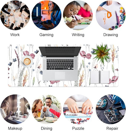 QiyI Large Mouse Pad, Cute Flower Desk Mat for Desktop, Women Girls Floral Office Décor Accessories, PU Leather Waterproof Big Gaming Mousepad, Wildflowers Desk Pad Computer Mat, 31.5" x 11.8"