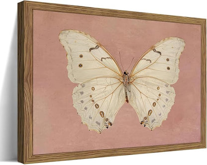 Vintage Butterfly Canvas Wall Art, Pink Butterfly Wall Decor Pictures, Antique White Moth Prints Paintings Neutral Insect Room Decor Aesthetic for Bedroom Bathroom Office 12x16 Inch Wood Frame