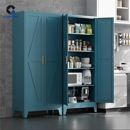 COFaR Metal Pantry Cabinet with Doors, Farmhouse 71'' Tall Storage Cabinet with 4 Adjustable Shelves, Kitchen Pantry Cabinet for Dinning Room, Laundry, Peacock Blue 5-Tier