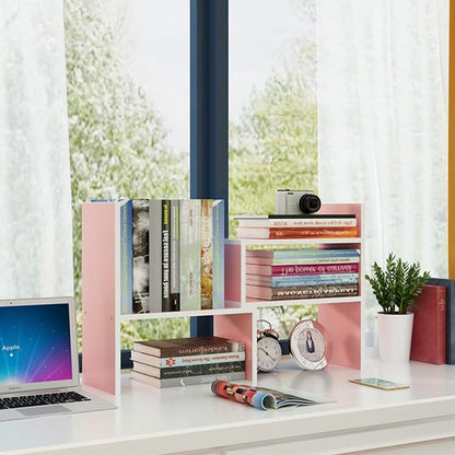 Desktop Shelf Organizer, Adjustable Wood Office Storage Rack, Counter Display Small Bookshelf for Home/Office/School(Pink)