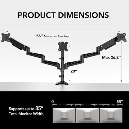 HUANUO Triple Monitor Mount for 17 to 32 inch Screens, Adjustment Gaming Triple Monitor Stand with Swivel, Tilt, Rotation, Clamp & Grommet Kit