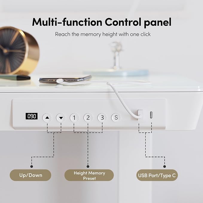 BANTI Electric Standing Desk with Drawers, 55 inch Whole-Piece Glass Desktop, Height Adjustable Stand up Sit Stand Home Office Ergonomic Workstation, White Tabletop