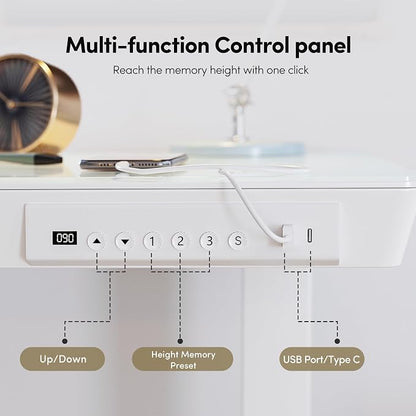 BANTI Electric Standing Desk with Drawers, 55 inch Whole-Piece Glass Desktop, Height Adjustable Stand up Sit Stand Home Office Ergonomic Workstation, White Tabletop