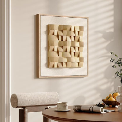 Framed 3D Wood Textured Wall Art, Large Modern Beige Geometric Wooden Artwork for Walls, Minimalist Neutral Square Paintings Wall Decor for Living Room, Dining Room, Bedroom, Office, 28x28 Inch