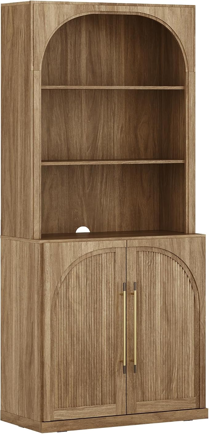 BELLEZE Tall Arched Storage Cabinet with Hutch,Modern Bookcase with Drawers,Freestanding Display Shelf with Fluted Design,Wood Highboard for Living Room,Kitchen Pantry,Home Office - Camel