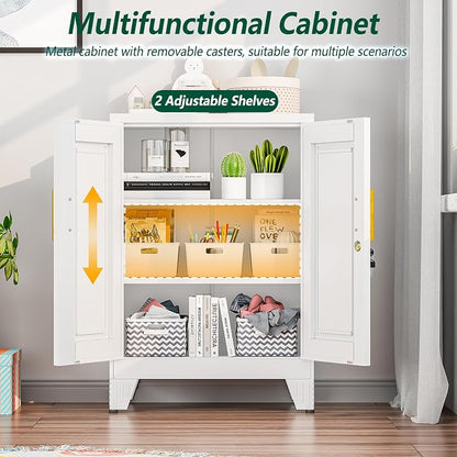 winiowa Tall Metal Storage Cabinet with Lock, Locking File Cabinet with 2 Doors and 2 Adjustable Shelves, White Lockable Organizer for Home Office Garage（23.6" W）