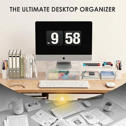 OPNICE Clear Acrylic Desk Organizers and Accessories, Dual Monitor Stand Riser with Drawer, Desk Shelf Computer Racks for Office Workspace Organizers, Desktop Organization (Transparent)