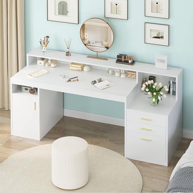 YOMILUVE Computer Desk with 3 Drawer & Storage Shelves, Home Office Desk with File Drawer & Cabinet, Writing Study Table with Long Monitor Stand & Printer Shelf, Executive Desk, White