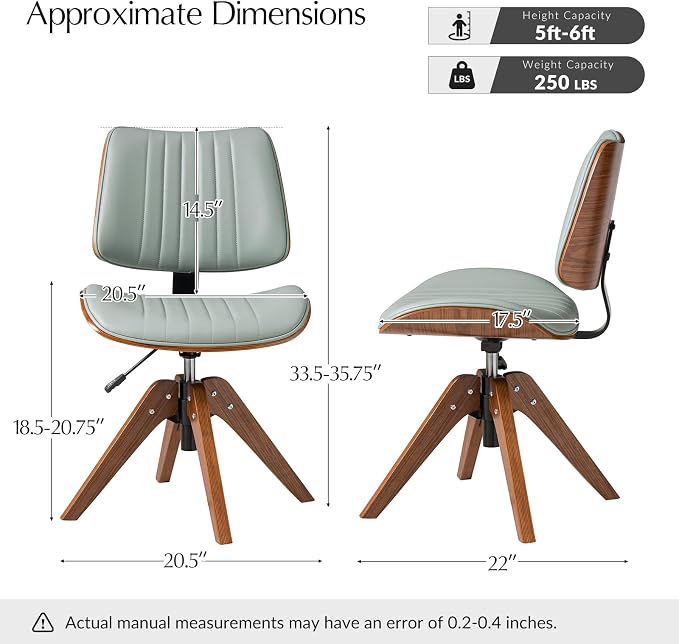 HULALA HOME Faux Leather Home Office Chair with Solid Wood Legs, 360° Swivel Desk Chair No Wheels with Bentwood Design, Mid-Century Modern Wide Seat Computer Task Chair, Sage