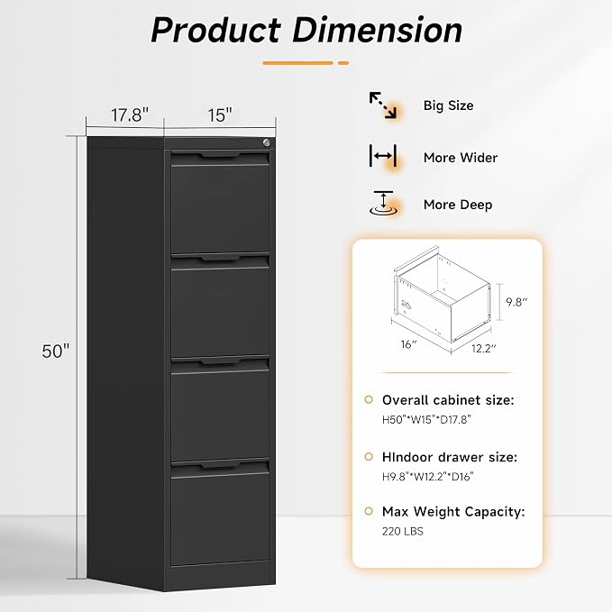 Bestoo 4 Drawer File Cabinet with Lock Metal Vertical Filing Cabinet Narrow File Cabinet Locked for Home Office A4 Legal/Letter Size Assembly Required (Black, 4 Drawers-Vertical)