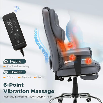 HOMREST Grey Ergonomic Office Chair | 6-Point Vibration Massage & Heat, Reclining Executive Chair, Adjustable Footrest and Armrests, PU Leather Big and Tall