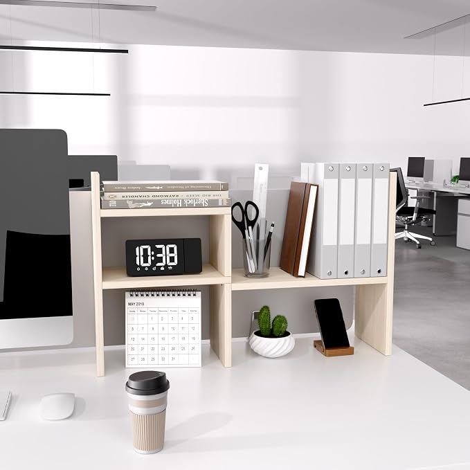 Jerry & Maggie Desktop Organizer Office Storage Rack Adjustable Wood Display Shelf, White, 5 Units, 16"L x 15.8"H x 6.8"W