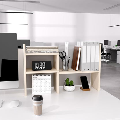 Jerry & Maggie Desktop Organizer Office Storage Rack Adjustable Wood Display Shelf, White, 5 Units, 16"L x 15.8"H x 6.8"W