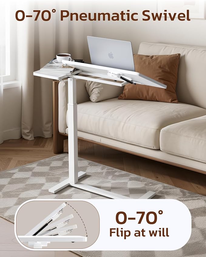 Simple Deluxe Overbed Bedside Table with Hidden Casters, Height Adjustable Desk with Tilting Top, Mobile Rolling Laptop Desk, Standing Rolling Desk Hospital Home Use, White