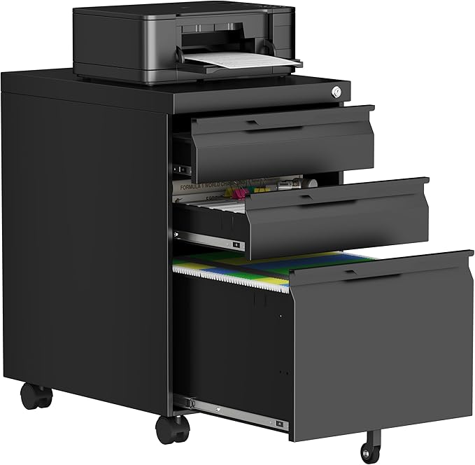 3 Drawer Mobile File Cabinet with Lock, Metal Small Filing Cabinets for Home Office Organizer,Rolling Filing Cabinets Under Desk Storage for Letter/Legal/A4,Assembly Required,Black