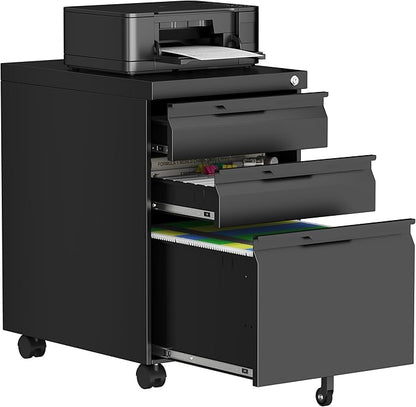 3 Drawer Mobile File Cabinet with Lock, Metal Small Filing Cabinets for Home Office Organizer,Rolling Filing Cabinets Under Desk Storage for Letter/Legal/A4,Assembly Required,Black