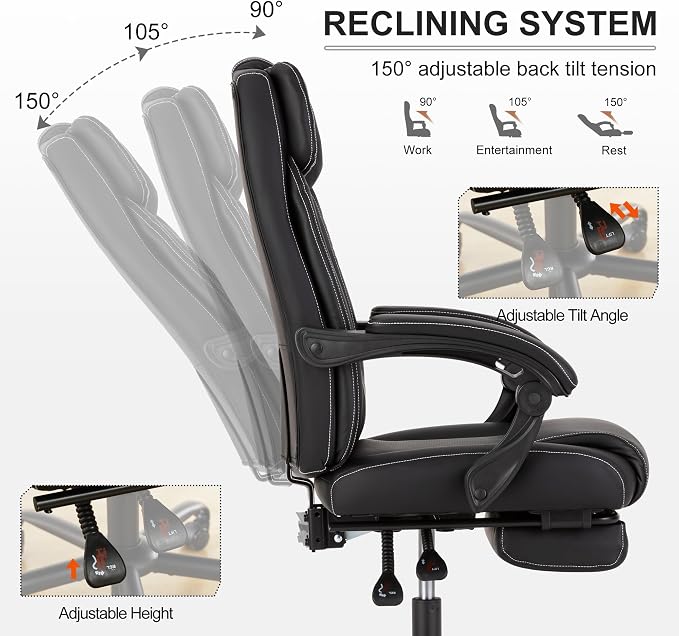 Reclining Office Chair with Footrest,Ergonomic Home Office Desk Computer Chair with Lumbar Support,Thick Executive Leather Chair,90-155° Adjustable (Black)