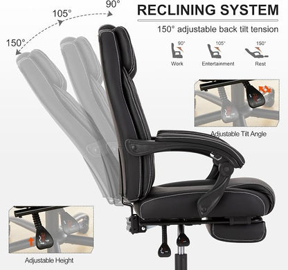 Reclining Office Chair with Footrest,Ergonomic Home Office Desk Computer Chair with Lumbar Support,Thick Executive Leather Chair,90-155° Adjustable (Black)