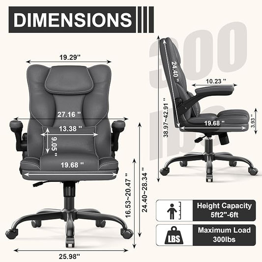 Ergonomic Office Chair with Flip-Up Armrests, Mid Back Executive PU Leather Desk Chair, Height Adjustable with Lumbar Support, Rocking & Swivel Computer Chair for Home Office