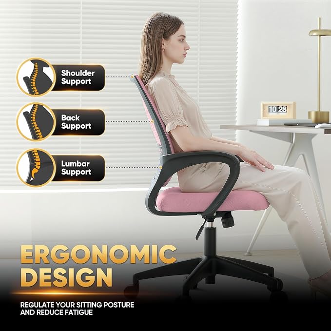 Magshion Ergonomic Office Chair 10 Pack, Mid-Back Mesh Desk Chair, Adjustable Swivel Computer Chair with Lumbar Support & Breathable Backrest for Gaming, Work, Study, 300 Lbs Capacity, Pink