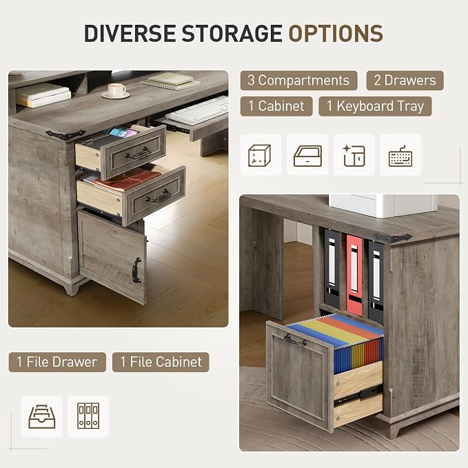 RALGEND Farmhouse 69" Executive L Shaped Desk with Drawer, Home Office Desk with Charging Station, Corner Computer Desk with Monitor Stand, File Drawer, Storage Cabinet, Greige